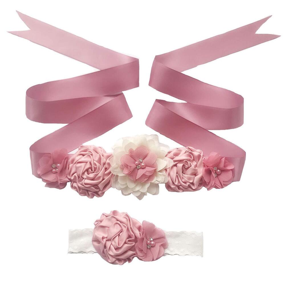 4751 Maternity Flower Sash Belt Headband Set, Women Girls Wedding Baby
